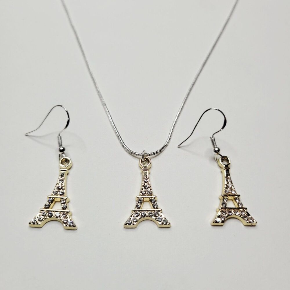 NWT 3pc Set Paris Eiffel Tower Sterling Silver Necklace Chain, Glittery Earrings